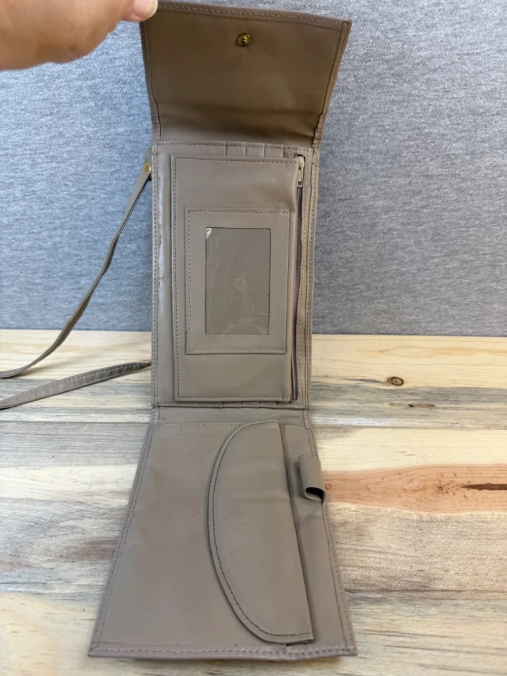 Genuine Leather Crossbody Slim Cell Phone Bag Gray Beige Taupe Detachable Strap